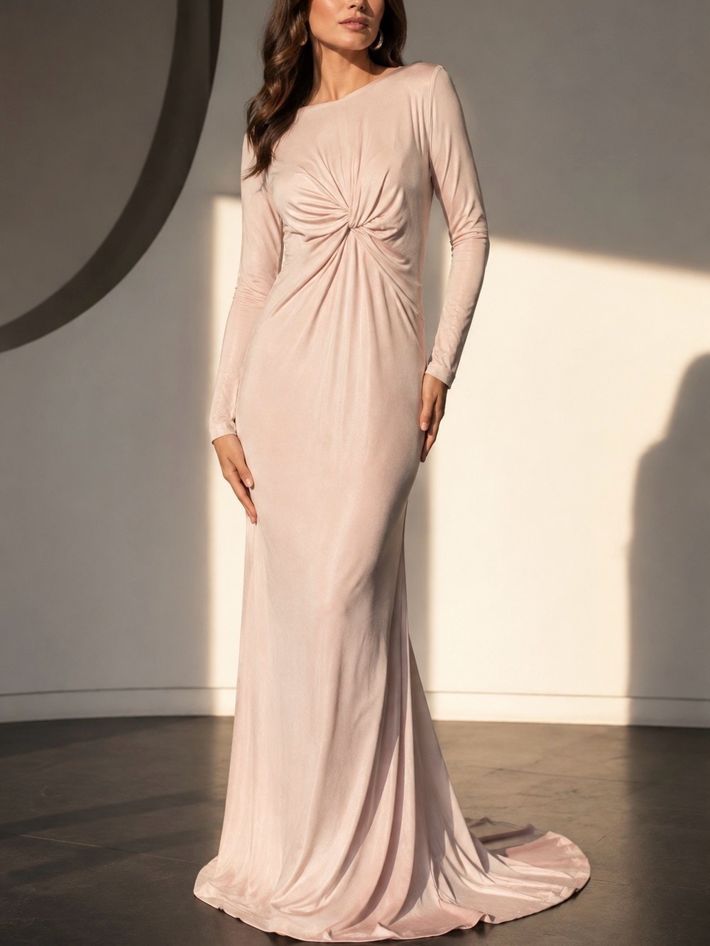 Donna Karan Blush Pink Long Sleeve Twist-Front Gown